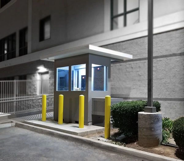Night security booth with lighting and bollards